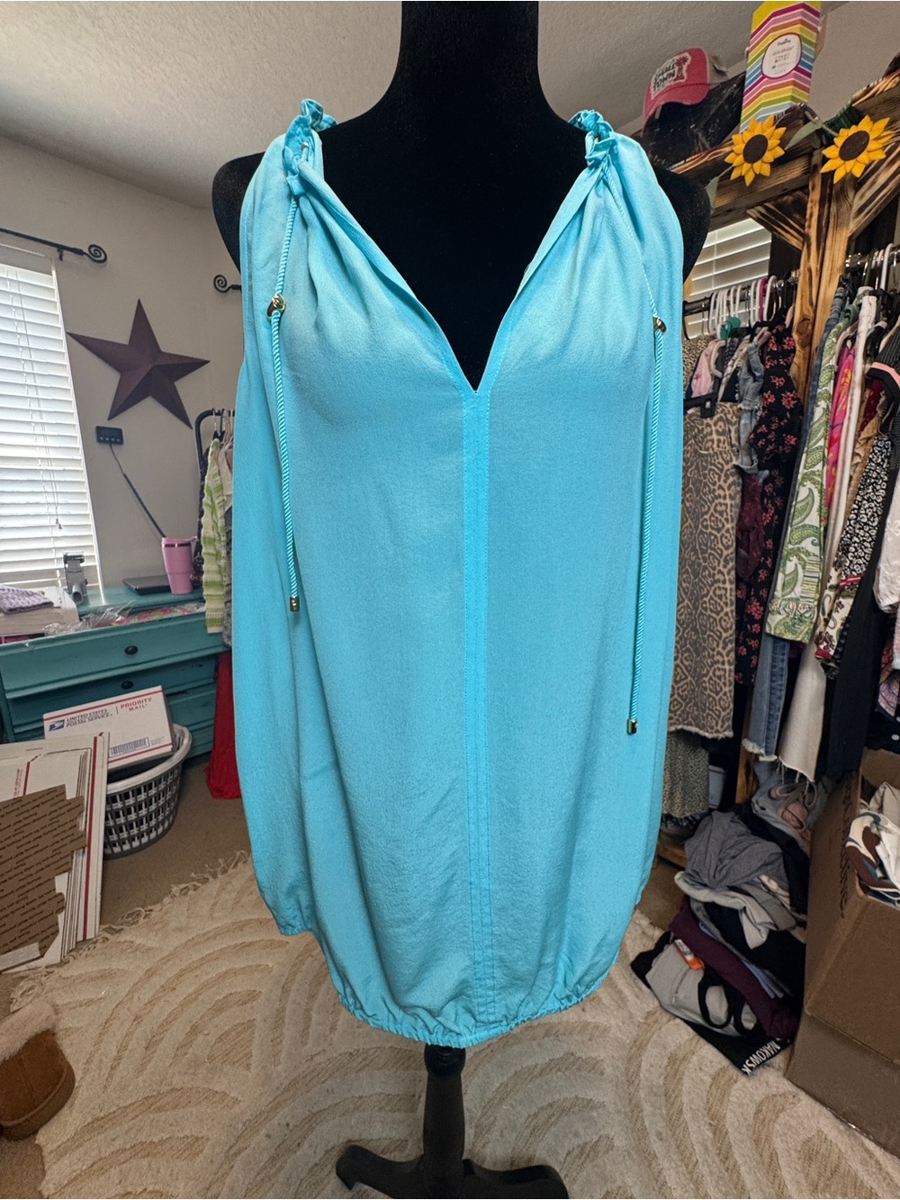 Trina Turk Turquoise Drawstring Halter Tank